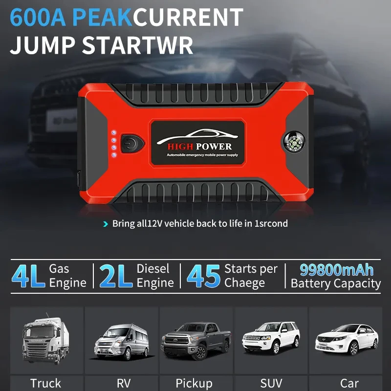 12V  600A Gasoline Car General Purpose Battery 99800mAh Tire inflator 150PSI Portable Car Jump Starter with Air Compressor
