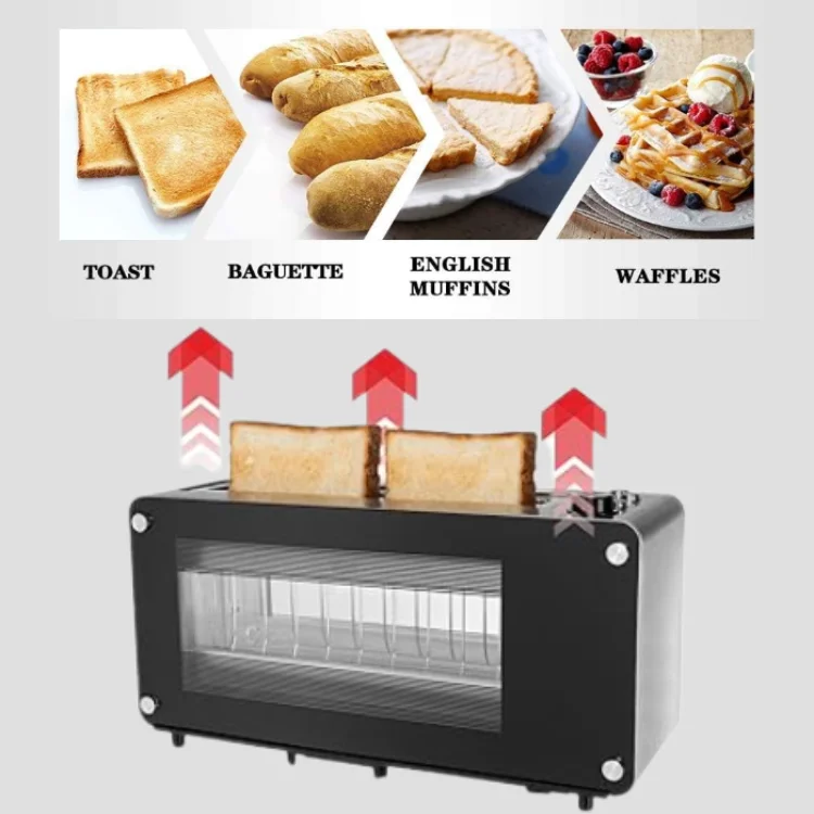 2 Slice Long Slot Automatic Lifting Rigid Toaster with Glass Viewing Window   for Home Use