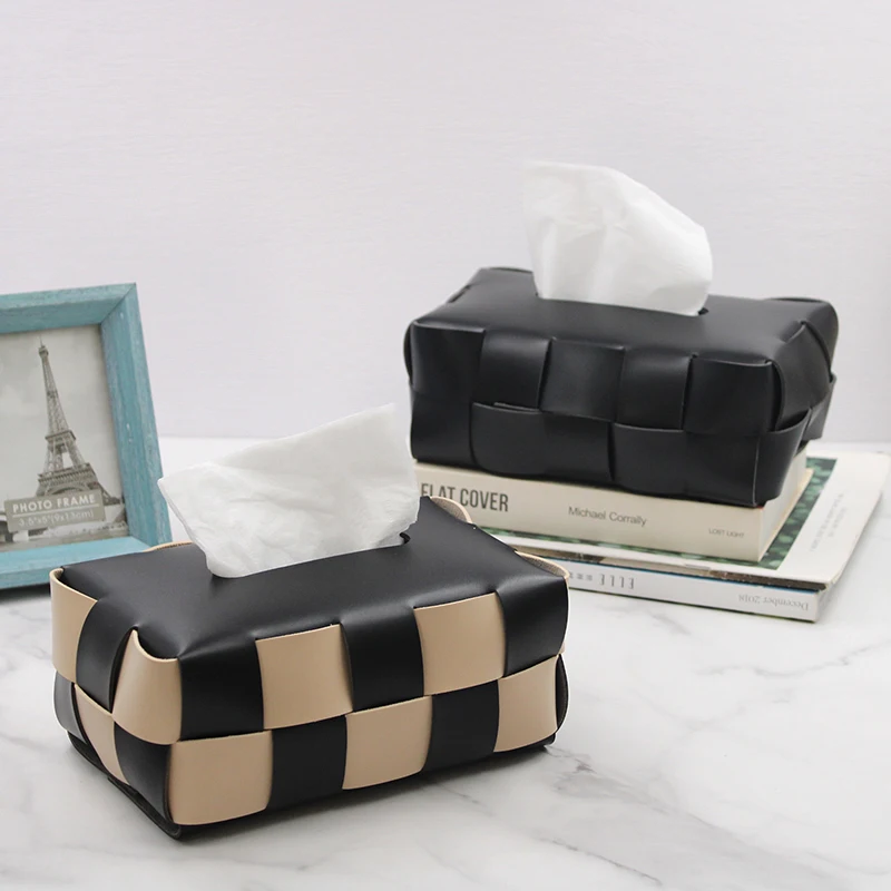 Stocked Hand-Woven Tissue Box PU Leather Light Luxury Textured Plaid Napkin Holder Waterproof Check Pattern Tissue Case For Home