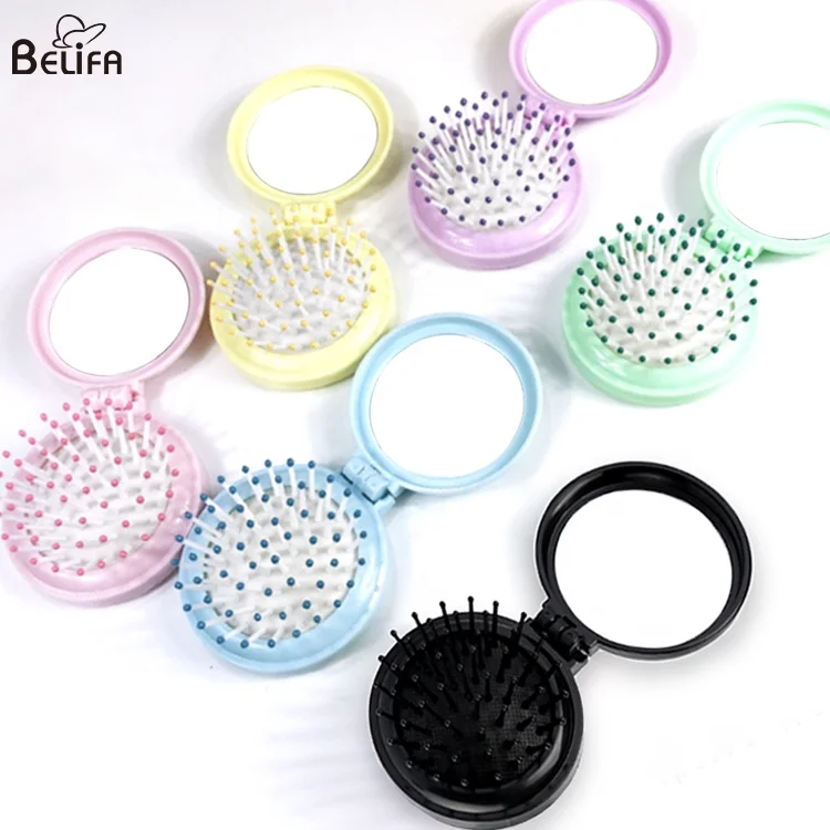 custom logo portable and pocket children small mini plastic foldable folding mirror with comb hair brush comb mirror set