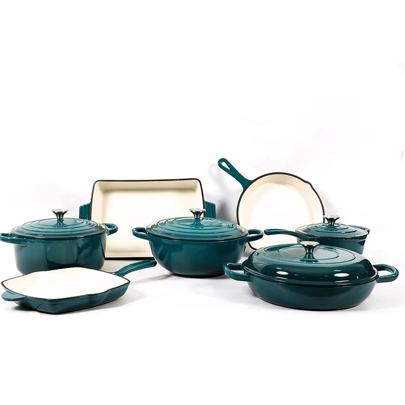 Heavy duty shallow casserole Dish Fry Pan and Dutch Oven Pot with Lids Enameled Cast Iron Cookware Non stick pots and pans