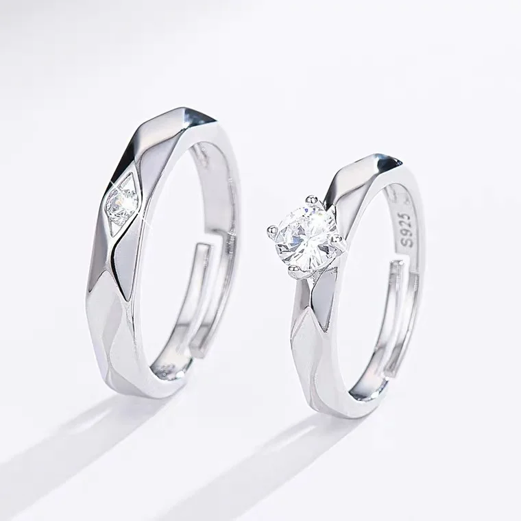 2Pcs/set Cz Cubic Zirconia Couple Promise Enagaement Rings Adjustable Silver Wedding Rings Couple Set for Lovers