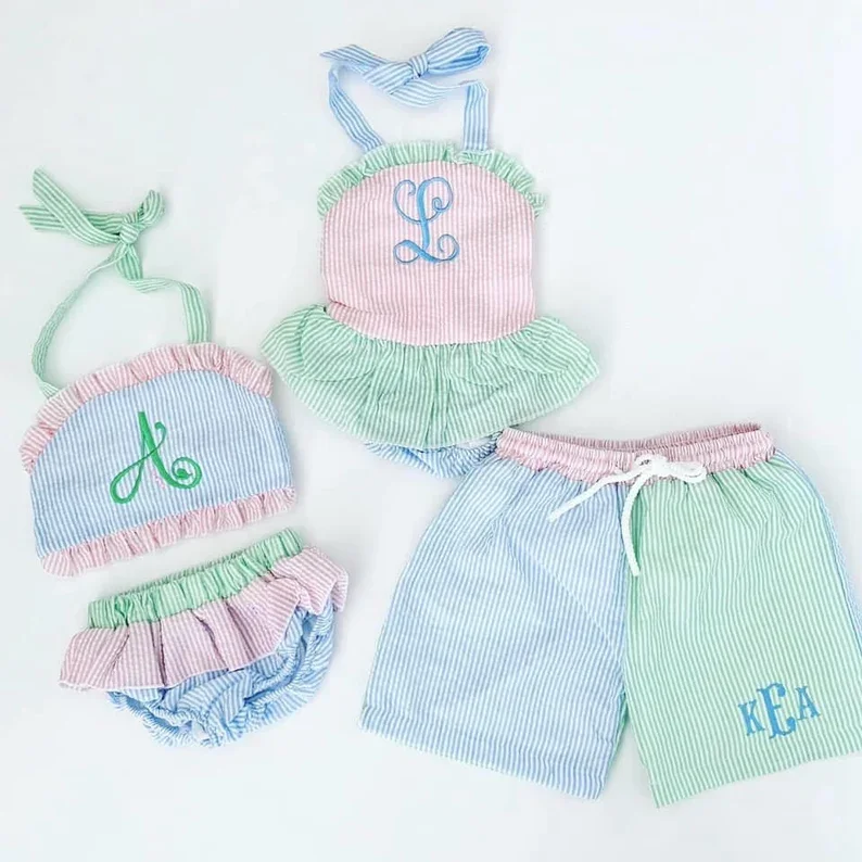 Multi two piece seersucker color block swimsuit boys swim shorts summer little girls bikinis beachwear