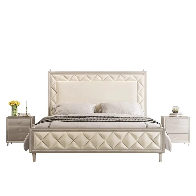 Cream style solid wood leather bed high-grade modern simple light luxury American double main bed
