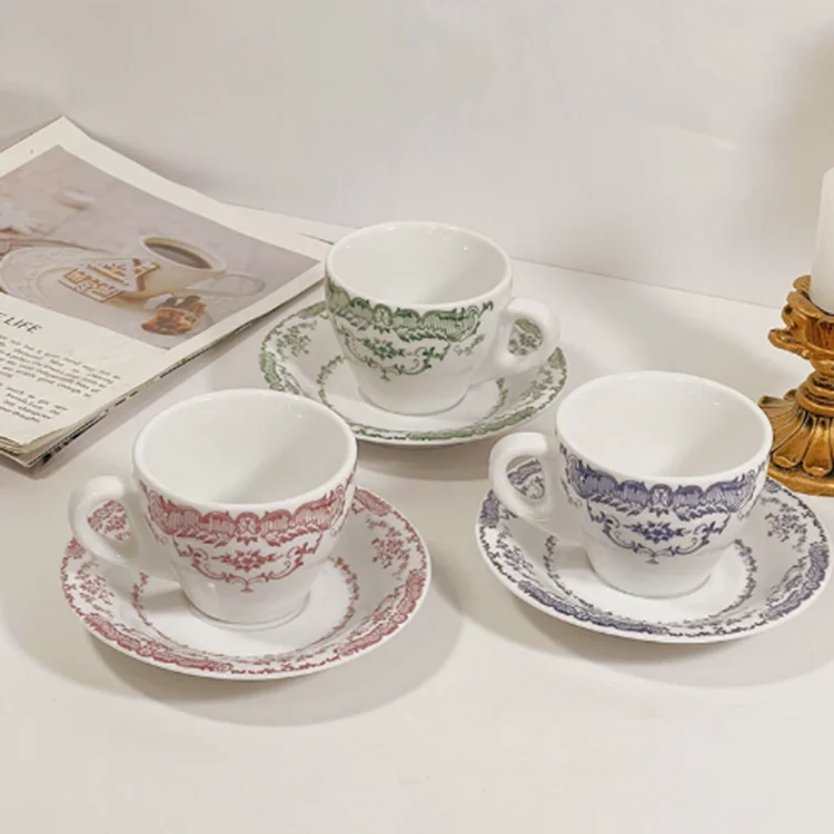 Ready to ship European style retro rose flowers white ceramic coffee cups and saucers afternoon tea cups custom logo