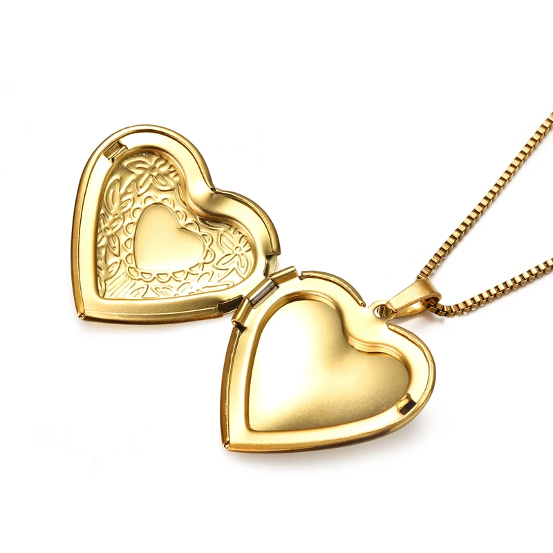 Custom Stainless steel Gold Plated Heart Pendant Necklaces Souvenir Put Pictures in It Necklace Jewelry