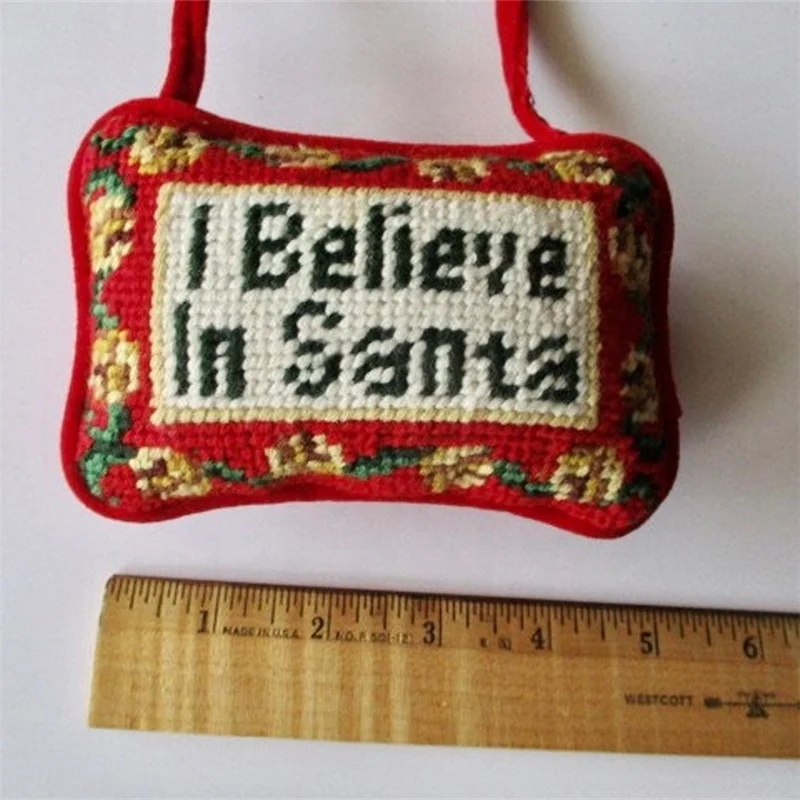 Small Needlepoint PILLOW - I Believe In Santa, Jingle Bells, Door Hanger, Vintage Sign