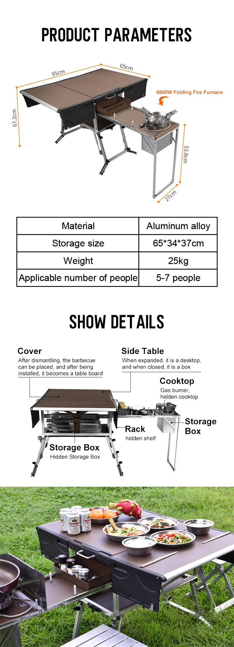 Outdoor Camping Hiking Portable narrow kitchen utility foldable table Aluminum Camping Kitchen cooktops