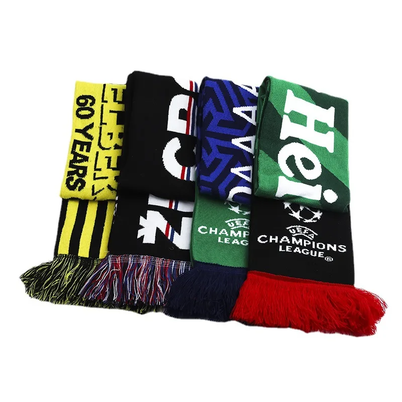 Small MOQ custom logo high elastic acrylic jacquard Football fans scarves knitted fringed advertising scarf