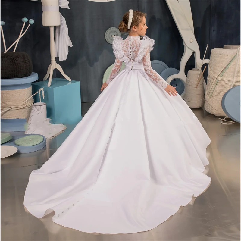 Autumn Winter Long Sleeve Kids Ball Gown Flower Girls Wedding Dresses Luxury Princess Long Tail Satin Evening Dresses