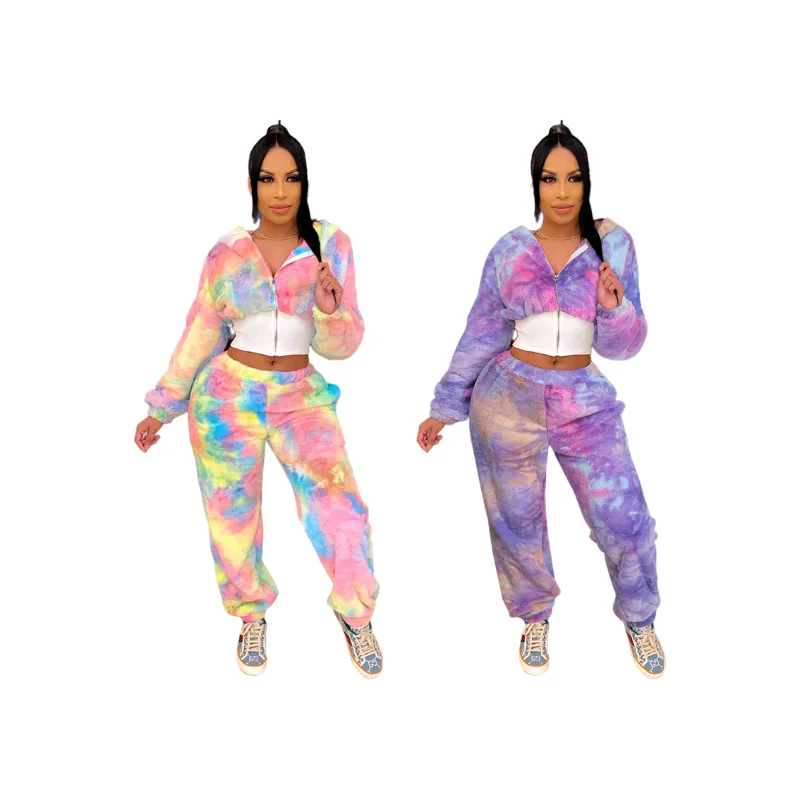2021 Fall Women Clothes Tie Dye Chic Plus Size Long Sleeve Sexy Two Piece Sets For Women