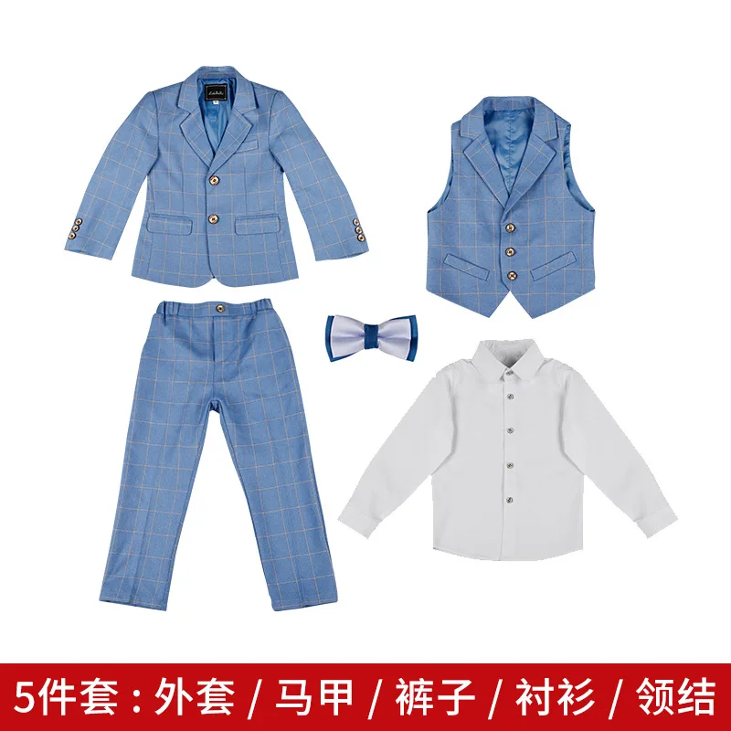 Custom made Boys three-piece Suit Sets formal wear kids light blue plaid suit