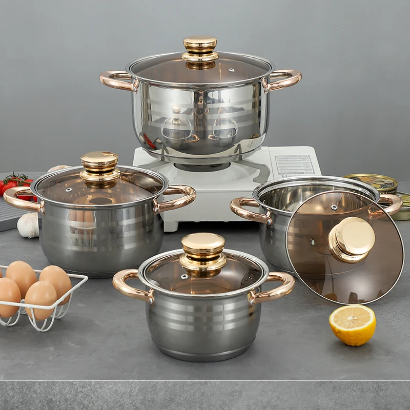 Hot Selling 8Pcs Kitchen Pot Nonstick Euro Style Soup Pot Kitchenware Cooking Pot Sets Stainless Steel Cookware Set