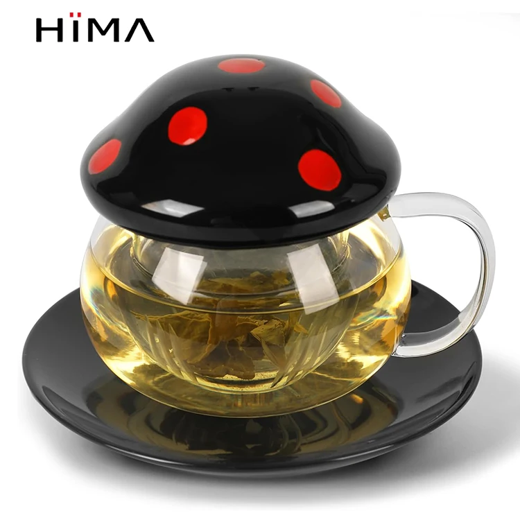 HIMA Custom LOGO 290ML Mushroom Mug Coffee Teapot Mushroom Cup Cute Glass Tea Cup With Infuser And Lid Ceramic Coasters