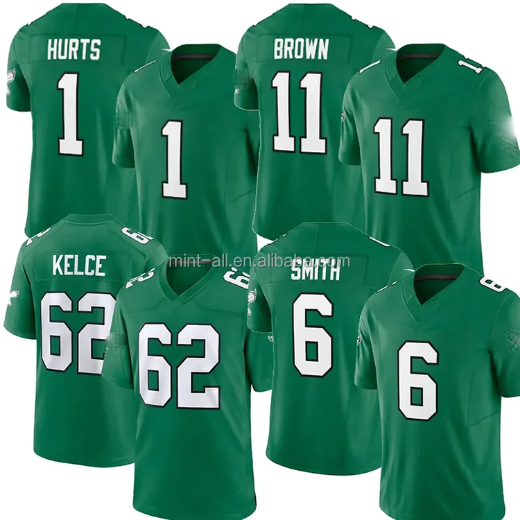 Kelly Green Alternate American Football Player #1 Jalen Hurts #6 DeVonta Smith #62 Jason Kelce #11 A. J. Brown Stitch Jersey