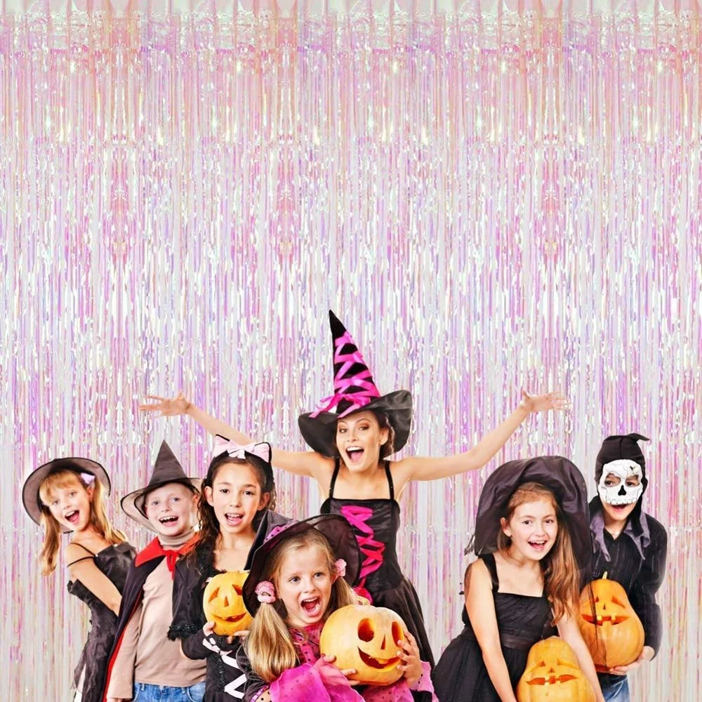 3ft x 8ft Iridescent Foil Curtains Metallic Tinsel Fringe Shimmer Door Window Curtain Backdrop for  Wedding Bridal Shower Deco