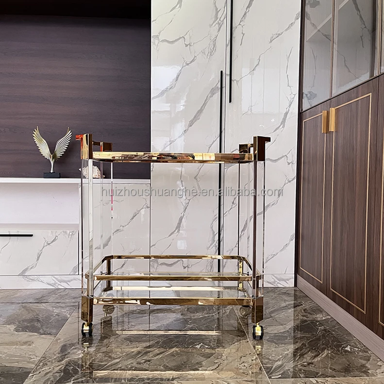 Factory Wholesale Kitchen 2 Tier Stainless Steel Trolley Bar Wine Service Bar Car Brake Acrylic Service Trolley