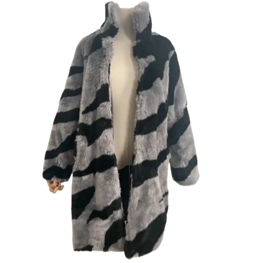 New Design Women Leopard Pattern Grey Stripe Faux Fur Coat