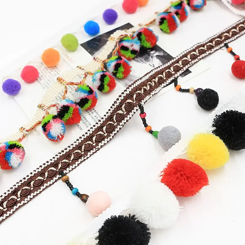 Pom Pom Lace Trim Ball Tassel Fringe Crafts Lace Fabric Sewing Colored Ribbon Ball Fringed Trim for Clothing