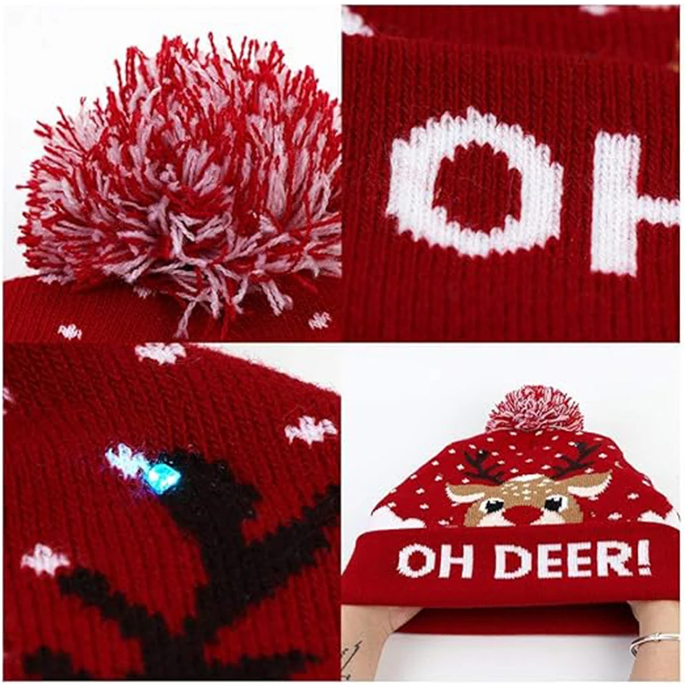 Custom LED Christmas Hat Light Up Knitted Santa Hats Unisex Knitted Beanie Holiday Hat with Deer Printing for Party