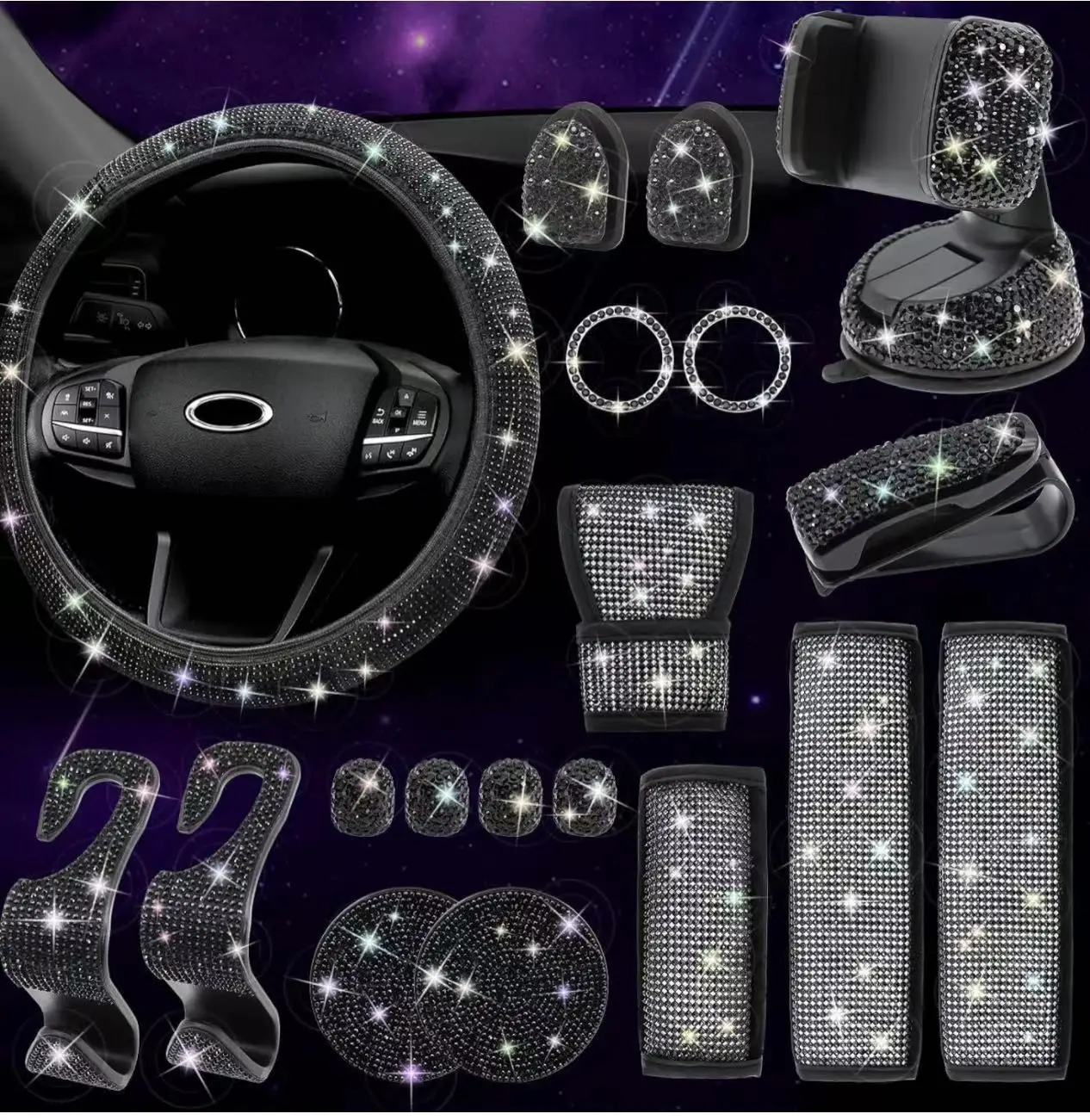 Universal Automotive New Bling Bling Diamond Leather Cool Steering Wheel Cover Sets For Women Steering Wheel Cover