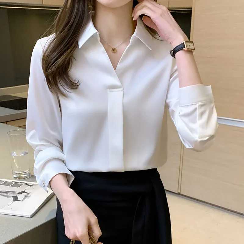 Hot Spring Autumn Solid Long Sleeve Chiffon Blouse Shirt Turn Down Collar Office Blouse White Women Tops Blusa 1130#