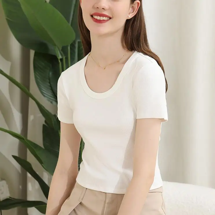 Wholesale Custom Casual Summer Short Sleeve Solid Color Black Slim Fit O-Neck Ribbed Oversized Crop Top T-Shirt For Women Cotton