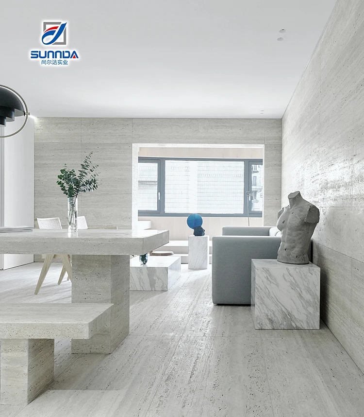 Travertine White Color Full body Polished Tile Rectified Natural Stone Beige Porcelain Tiles for Wall Cladding