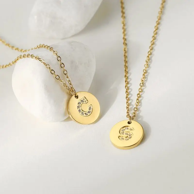 Initial A To Z Letters Charms Stainless Steel Alphabet Coin Pendant Gold Plating Zircon DIY Jewelry Making Factory Accessories