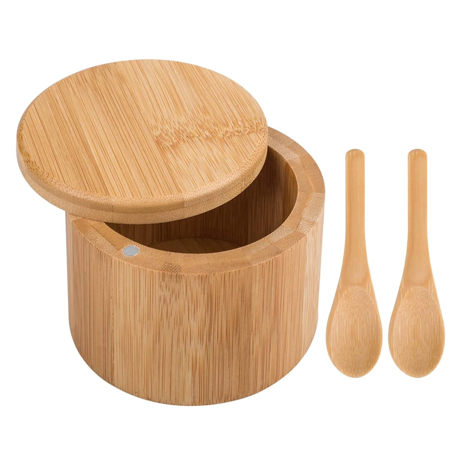 Бамбуковый круглый погреб для соли и миски для перца, контейнер для специй с поворотной крышкой и 2 дополнительными мини-ложками