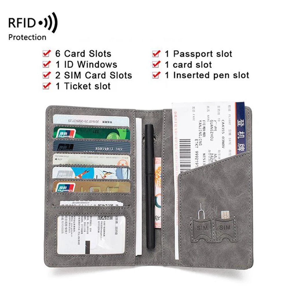 Multi-functional PU Leather Passport Cover Case with 6 Card Slots &Pen Holder Family Travel Wallet RFID Blocking Passport Holder