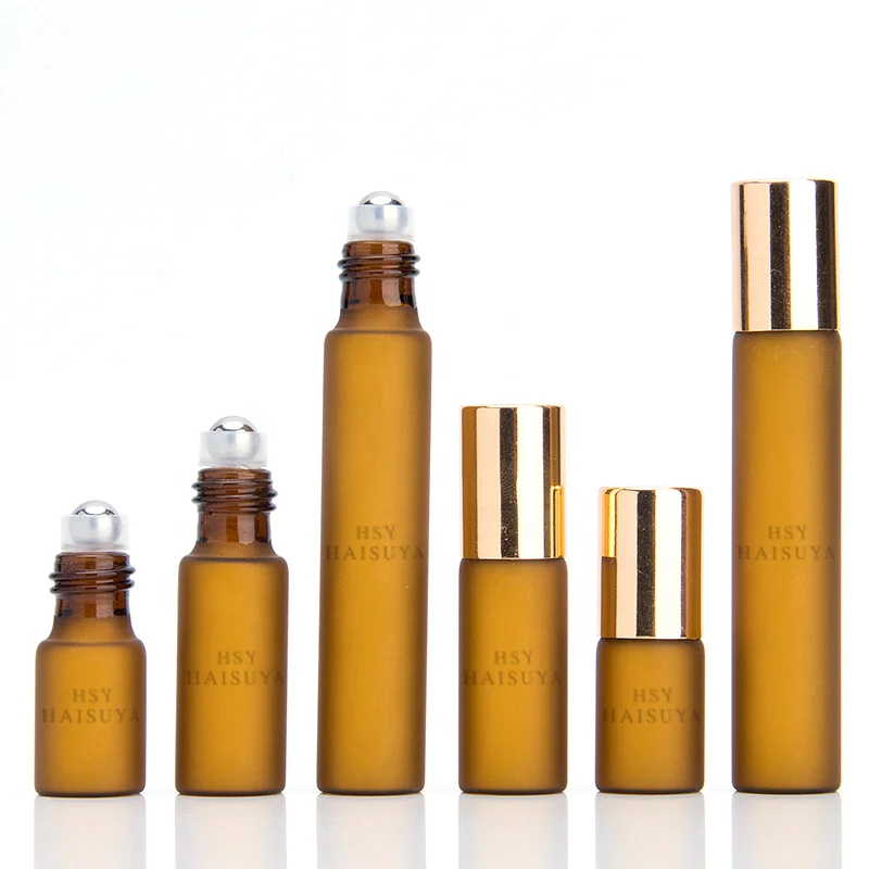 Hot sale Sample Fancy 5ml 10ml 15ml Amber Frosted Glass Roll On Hair Perfume Oil Roller Ball Bottles With Gold Aluminum Cap