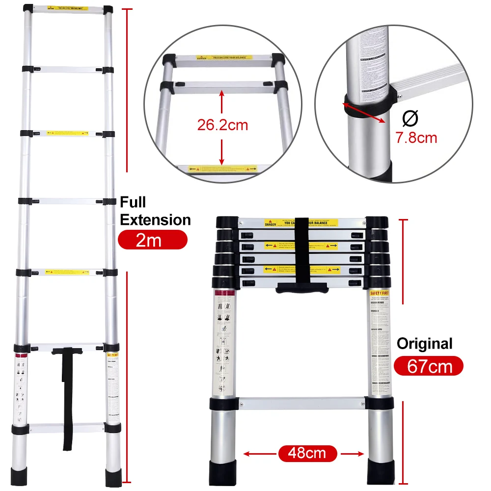 Durable EN131 Certificate 2M Length Telescopic Ladder Aluminum 550LBS Capacity Extension Multi-Purpose Folding Ladder
