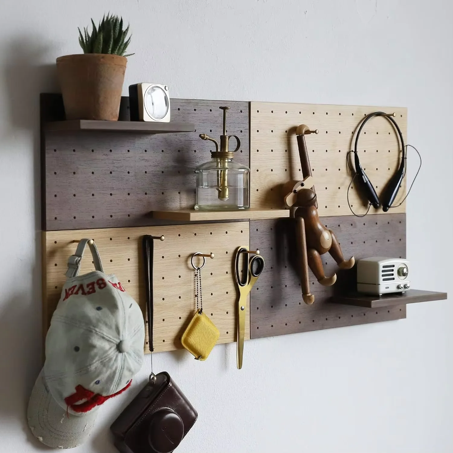 Wooden Pegboard DIY Storage and Display Panels with Shelves and Brass Hooks(Yellow)