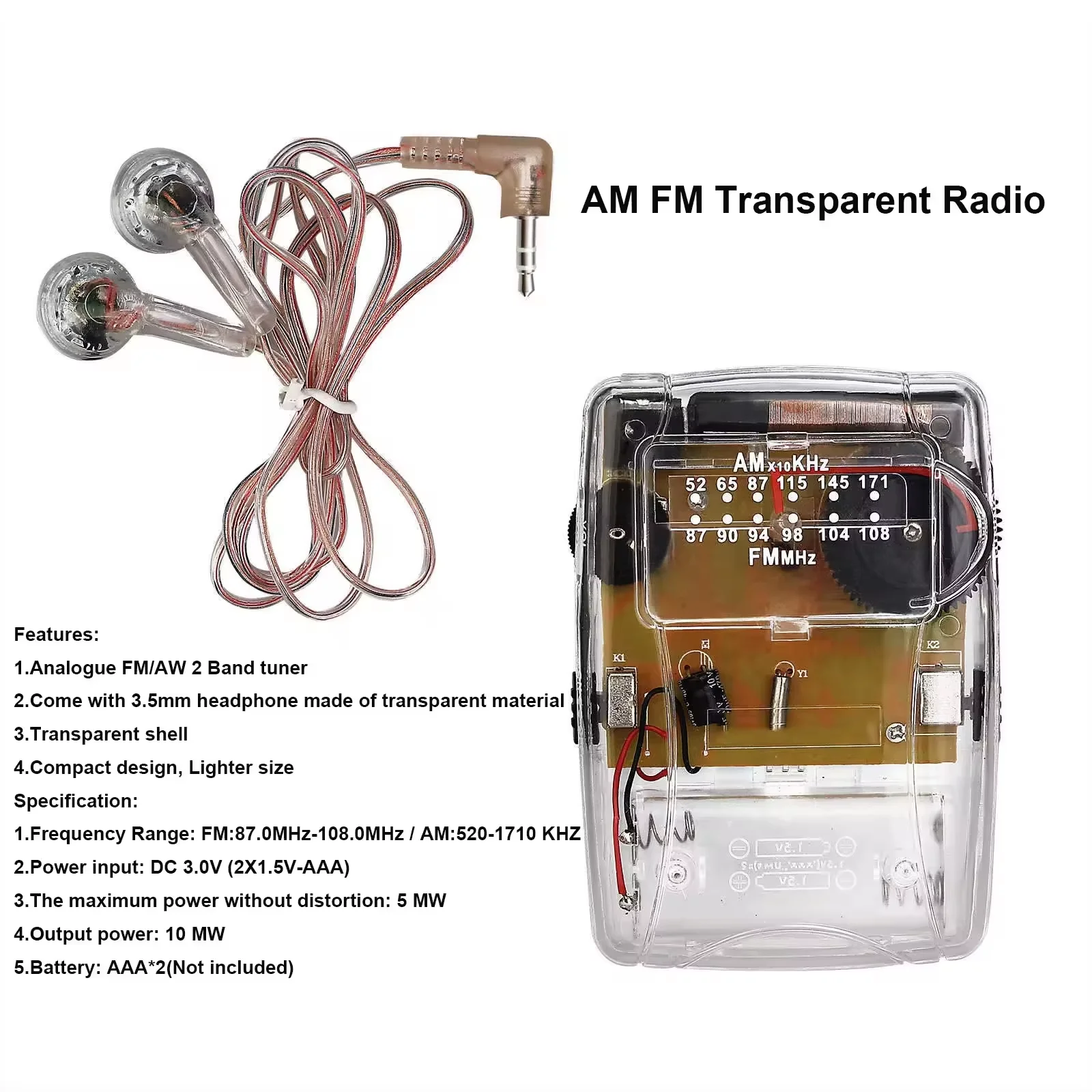 AM FM Stereo Pocket Radio Transparent Design with Earphone Portable for Prison Use