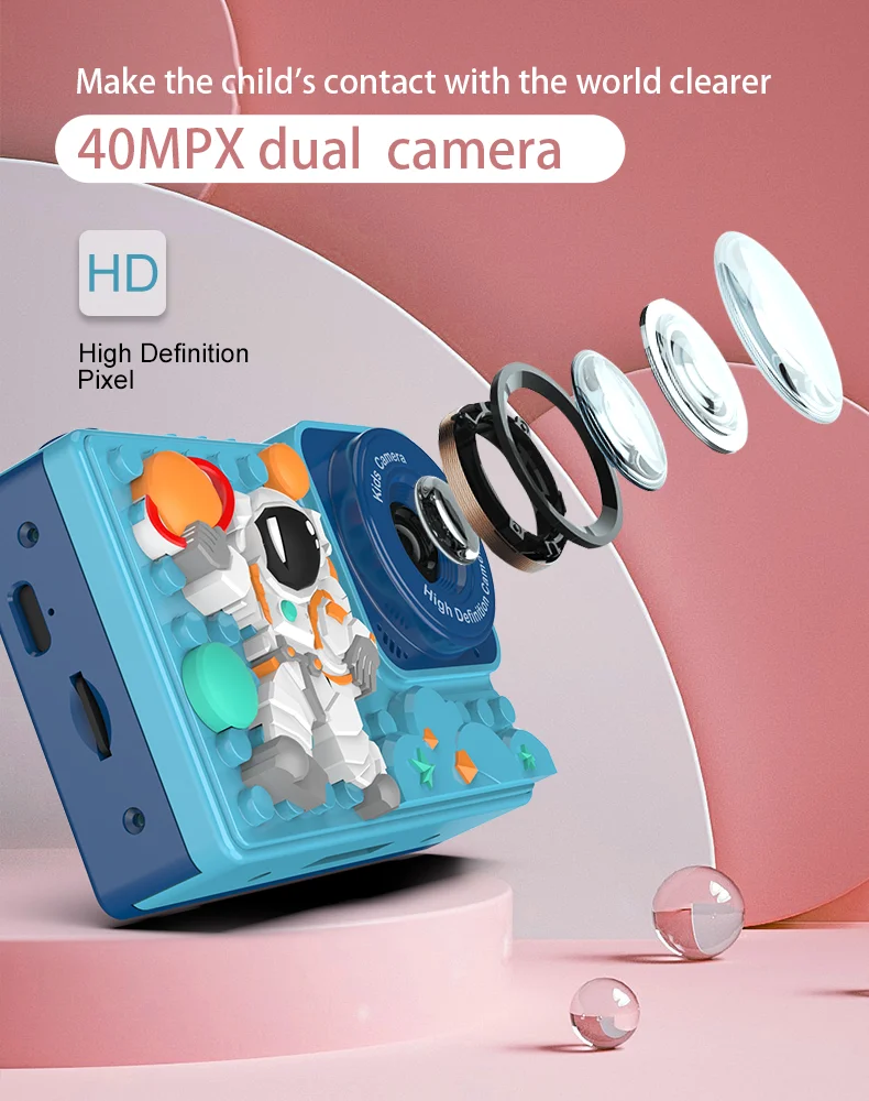 MJF-H8  2024 New Cartoon Spaceman 1080P Dual Lens Digital Video Recording Selfie 600Mah 2.4 Inch Kids Camera for Student H8