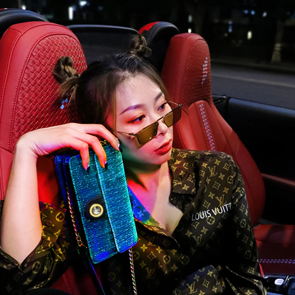 New Fashion Glitter Tote Bag  Women Hand Bags Ladies Chain Leather Purses Handbags Led Cosmetic led light up Bag