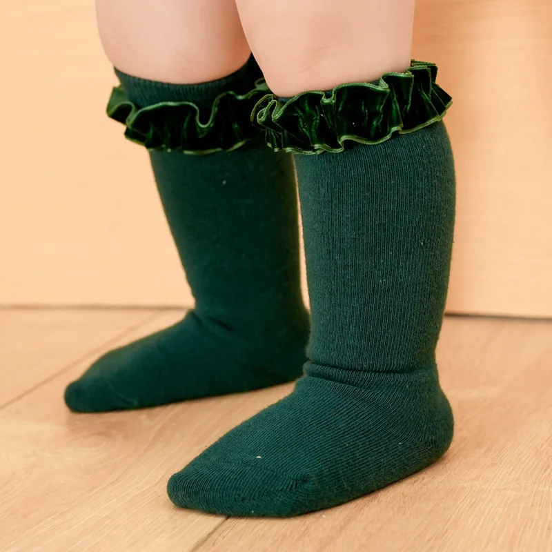 2024 Princess Long frill Sock Knee High Spanish Style red green christmas baby girls vintage velvet wavy ruffle socks
