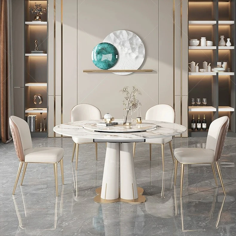 Italian Telescopic Dining Table Dual-purpose Embedded Rotating Multifunctional Round Dining Table with a Foldable Turntable