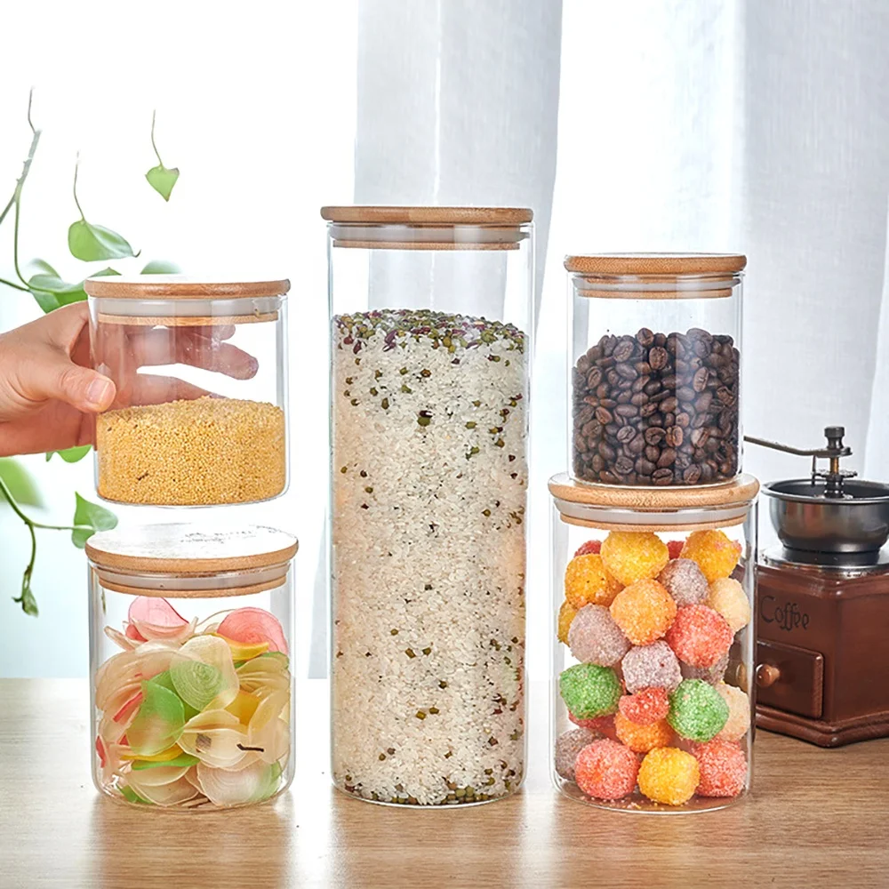 Round Airtight Coffee Tea Spice Glass Jar Kitchen Organizer Storage Bottles Sealed Glass Food Storage Jars with Bamboo Lid