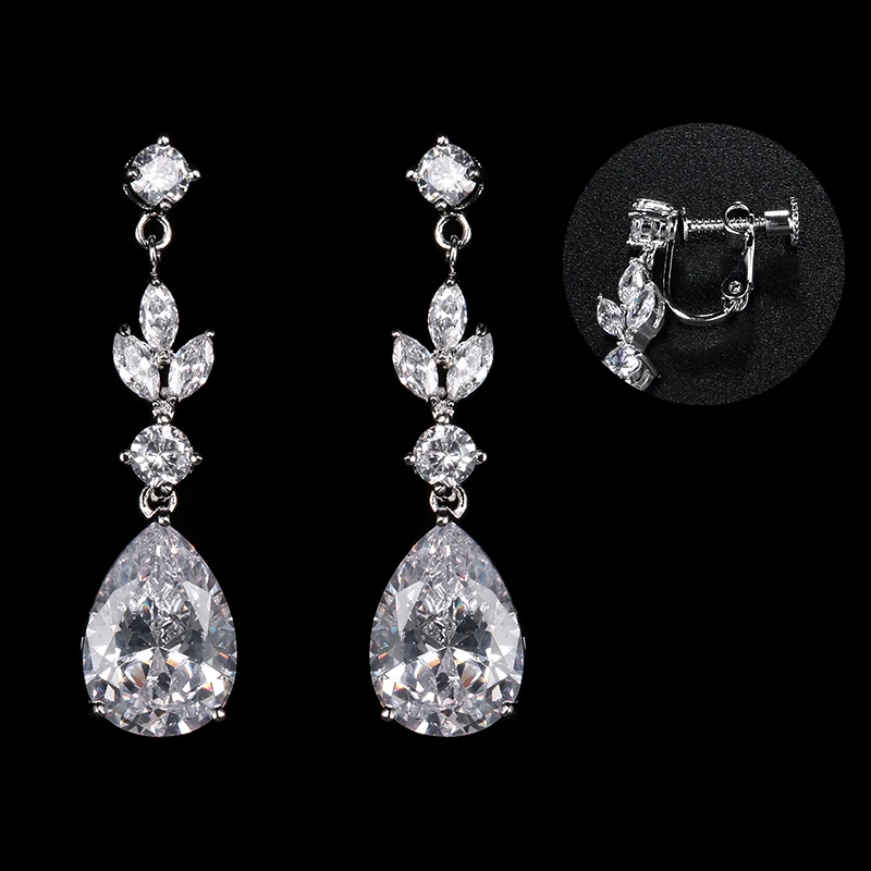 White Gold Plated Pear Cut Cubic Zirconia Crystal CZ Zircon Drop Earrings for Women Bride Bridesmaid