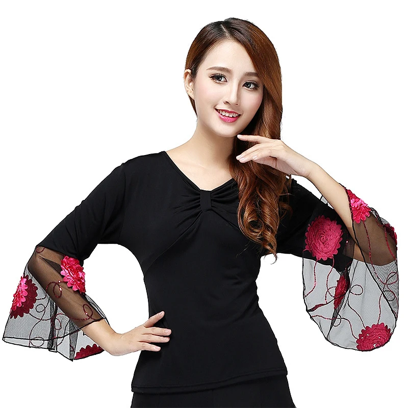 Oversized L-5XL  modern Barllroom dance Practice V-neck long sleeved Blouses top