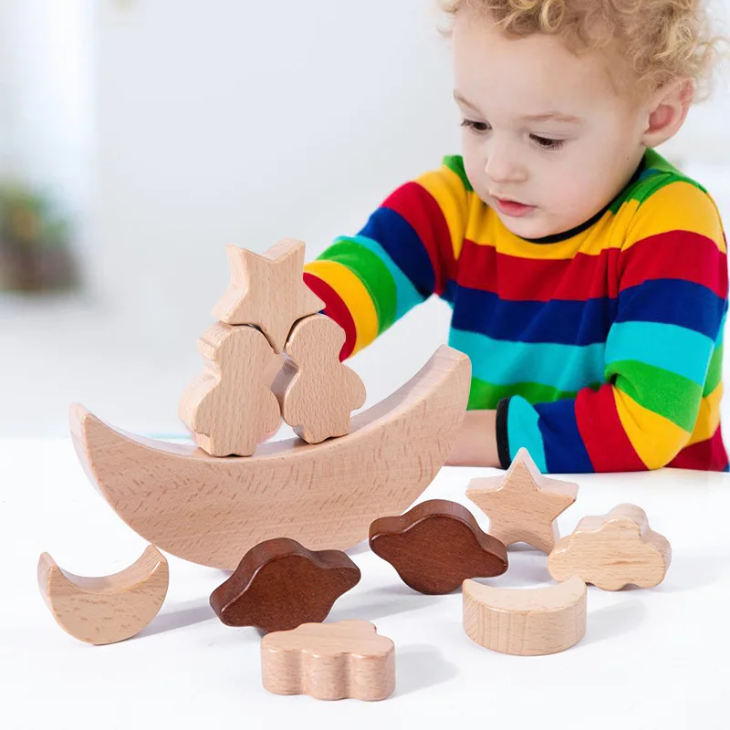 Eco-friendly Solid Wood  Montessori  Stars Moon Stacked Blocks Balance Building Blocks Educational Toy for Toddlers