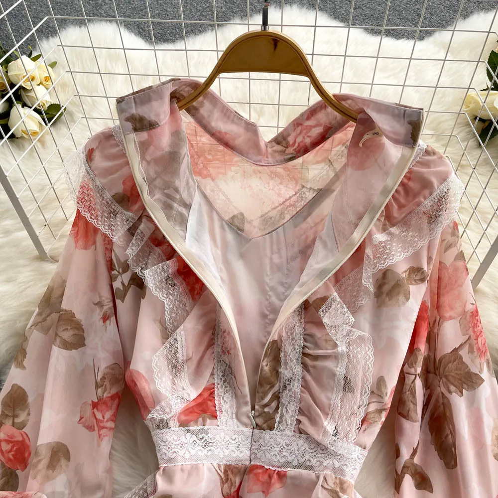 Wholesale Elegant Casual Dresses Pleated Peplum Lace Printing Princess Dress Puff Sleeve Birthday Party Floral Womens Dresses