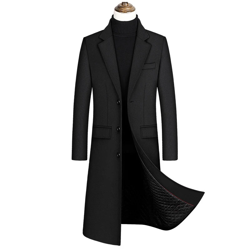 Winter Spring Turn Down Collar Thick Warm Long Wool Trench Coat for Men