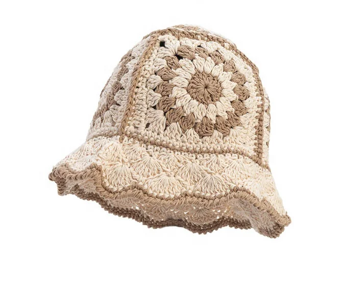 Fashion Fall Winter Wholesale Cotton Acrylic Custom Flowers Design Multi Color Hand Knit Crocheted Bucket Hat