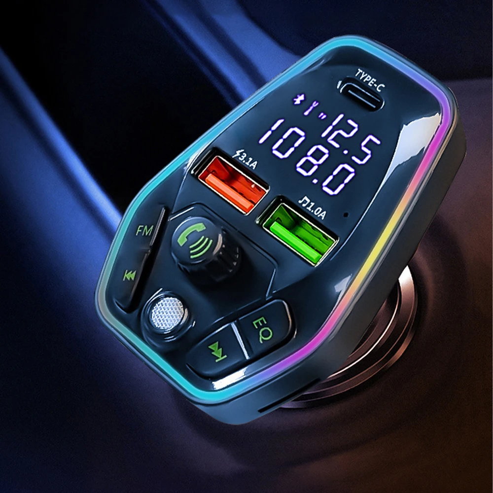 QC3.0 + Type C MP3 Answer call EQ FM RGB light Car Charger button type BT5.1 Wireless Charger disk Car charger