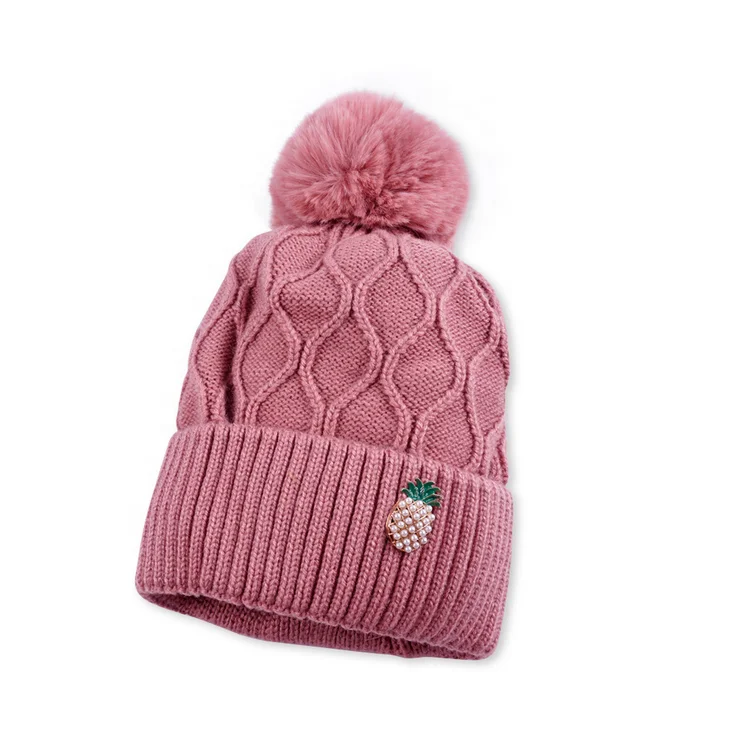 Factory wholesale Hat warm plain colour jacquard pattern pompom winter hat with pineapple metal badge