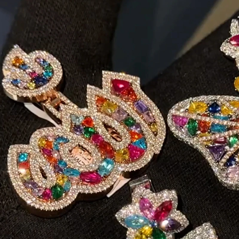 Custom Colored  Pendant 925 Sterling Silver gold plated Colorful CZ iced out White Moissanite Diamonds Pendant