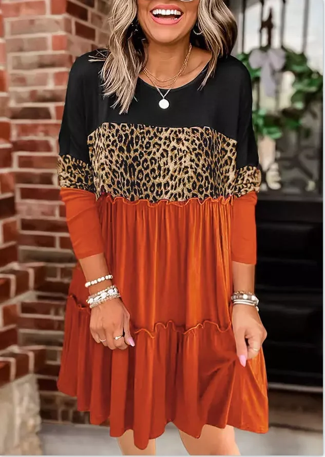 Women Leopard Color Block Ruffled Splicing Mini Dress